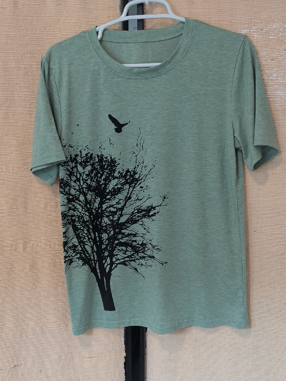 Amazon Green Short Sleeve Tee with Black Tree & Bird Graphic